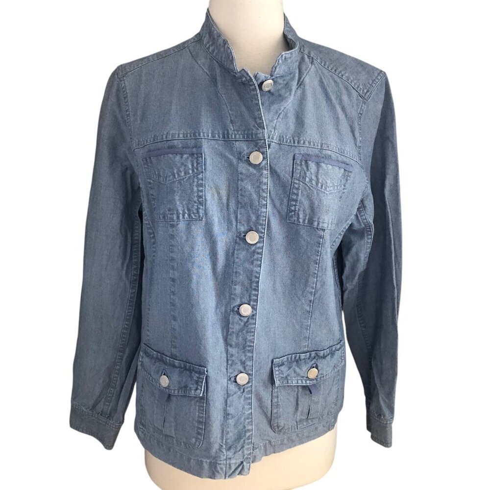 Charter Club Denim Utility Jacket Women's size L Pastel Blue Button Front NEW
